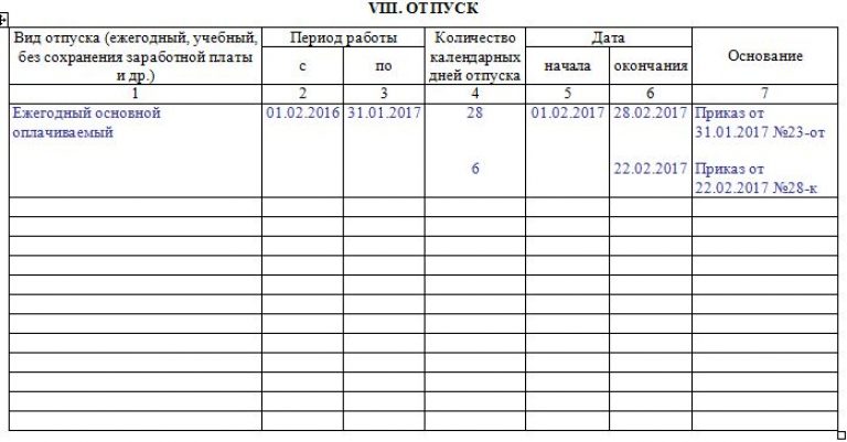 Отпуск в карточке т 2 образец заполнения